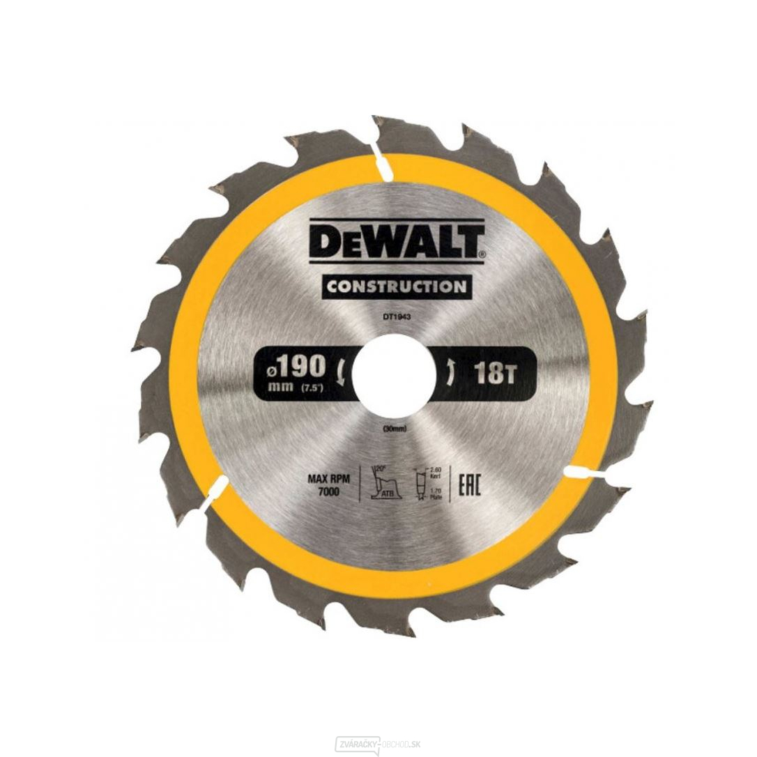 Dewalt pílový kotúč pre kot. píly 190x30mm 18 zubov ATB 20° rýchly pozdĺžny rez šírka 1.7mm Dewalt pílový kotúč pre kot. píly 190x30mm 18 zubov ATB 20° rýchly pozdĺžny rez šírka 1.7mm gallery main image