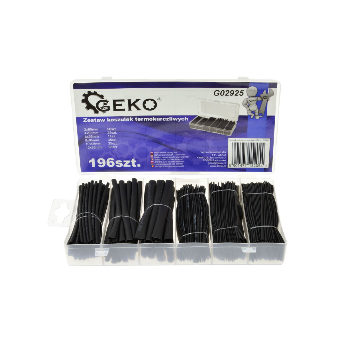 GEKO Zmršťovacie hadičky - bužírky, čierne, dĺžka 95 mm, súprava 196 ks