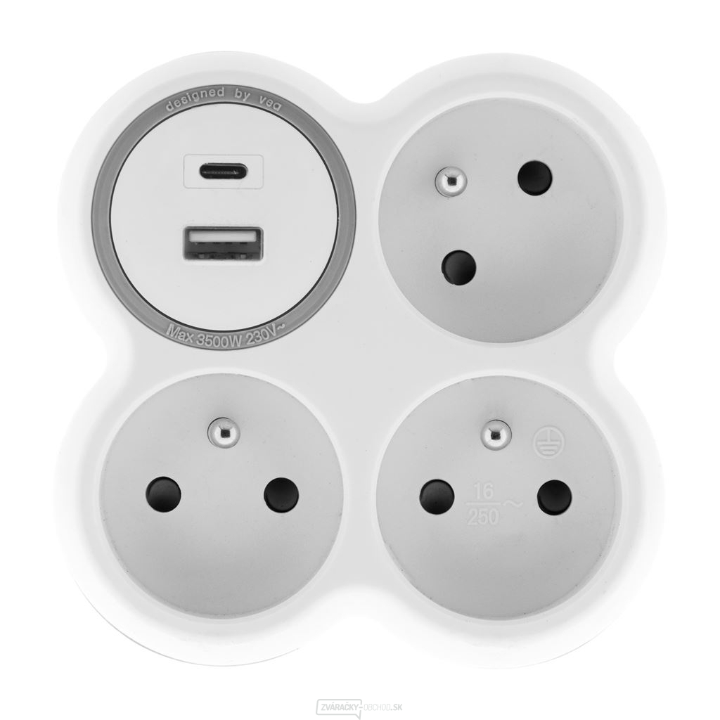 Solight rozbočka, 3x 16A, USB nabíjačka A+C, biela-sivá
