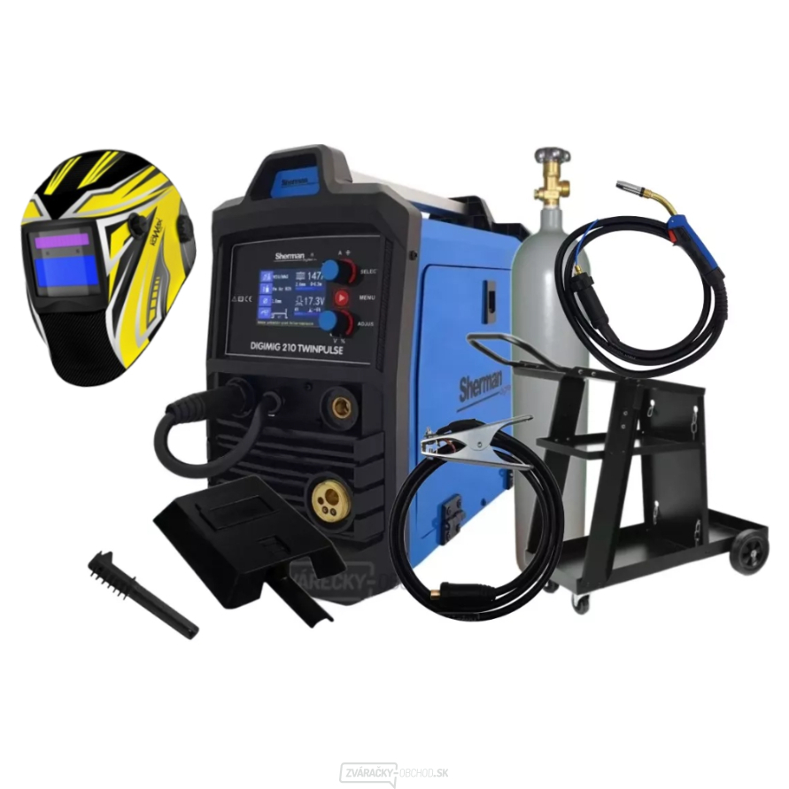 Sherman DIGIMIG 210 TWINPULSE + Horák 3m + Káble 2m + Drôt + Sprej + Kukla + Vozík + Ventil + plná Fľaša CO2