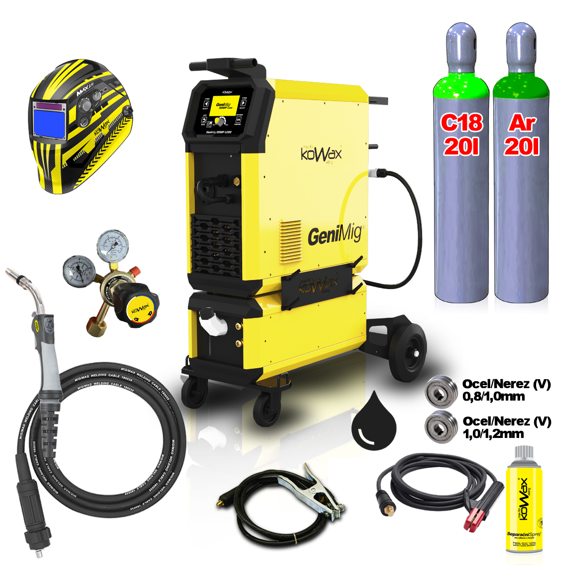 KOWAX GeniMig®355DP LCD5 + Vodné chladenie + Kukla + Horák + plná Fľaša Co2 + Fľaša Argon