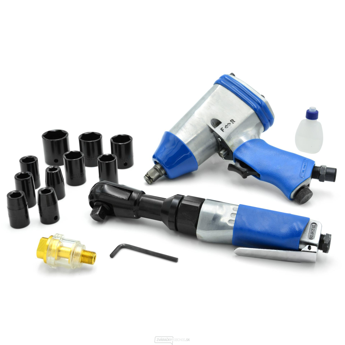 Sada pneumatického náradia, 1" račňa 80Nm, 1" rázový uťahovák 850Nm, 14 kusov príslušenstva - GEKO