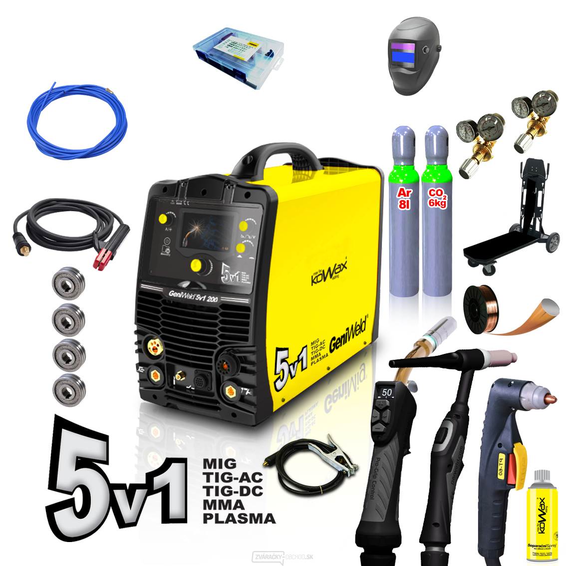 KOWAX GeniWeld®5v1 200 + kukla PANTER + redukčný ventil CO2 + redukčný ventil Ar+CO2 + plná tlak.fľaša CO2 8l 