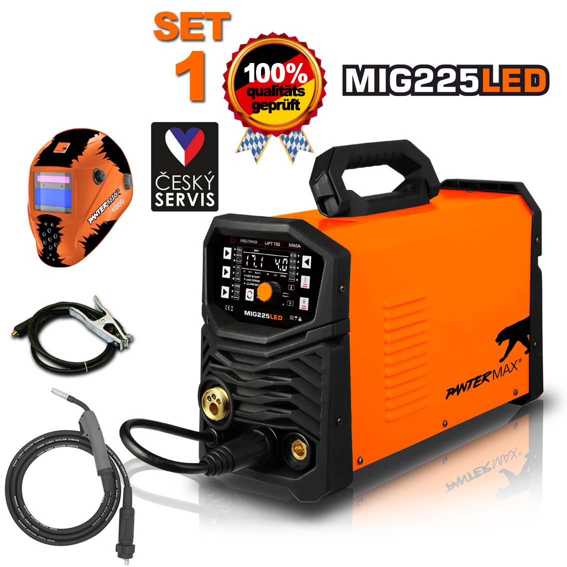 PANTERMAX MIG225LED invertorová zváračka MIG/TIG/MMA + káble 3m + kukla + horák