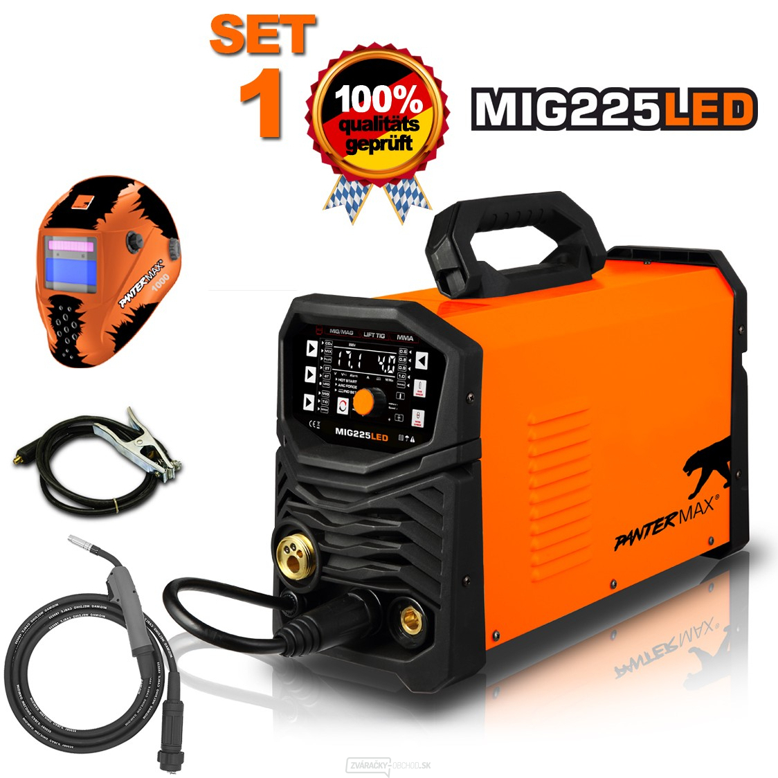 PANTERMAX MIG225LED invertorová zváračka MIG/TIG/MMA + káble 3m + kukla + horák