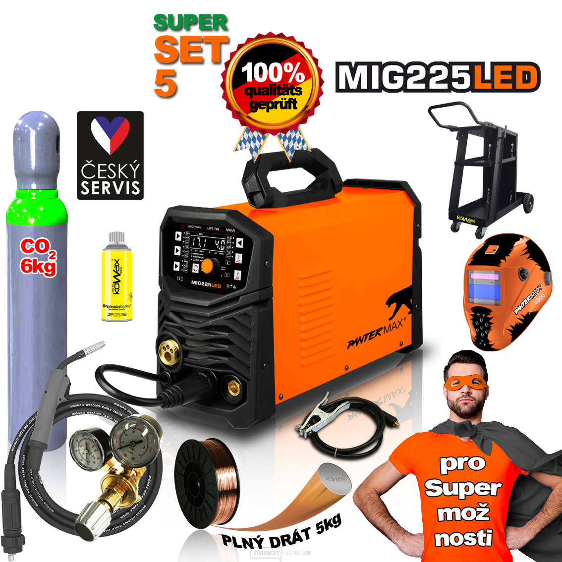 PANTERMAX MIG225LED invertorová zváračka MIG/TIG/MMA + Kukla + Káble + Horák + plná Co2 fľaša + Red. Ventil + Podvozok 