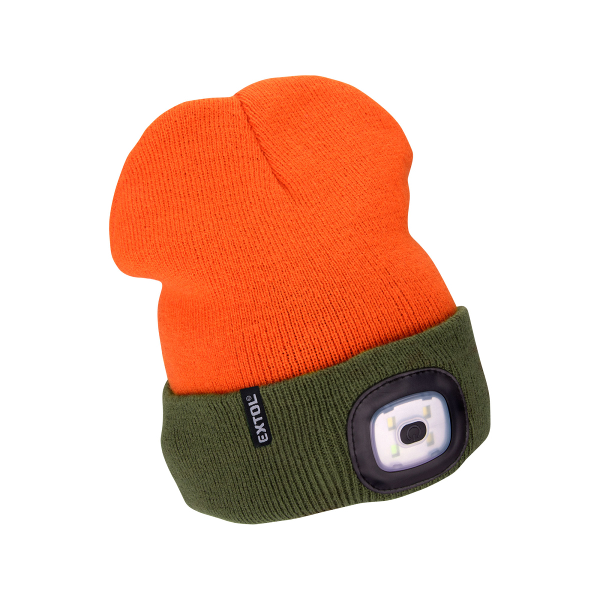 EXTOL LIGHT Čiapka s čelovkou 4x45lm, USB nabíjanie, fluorescenčná oranžová/khaki zelená, obojstranná, univerzálna veľkosť 43460