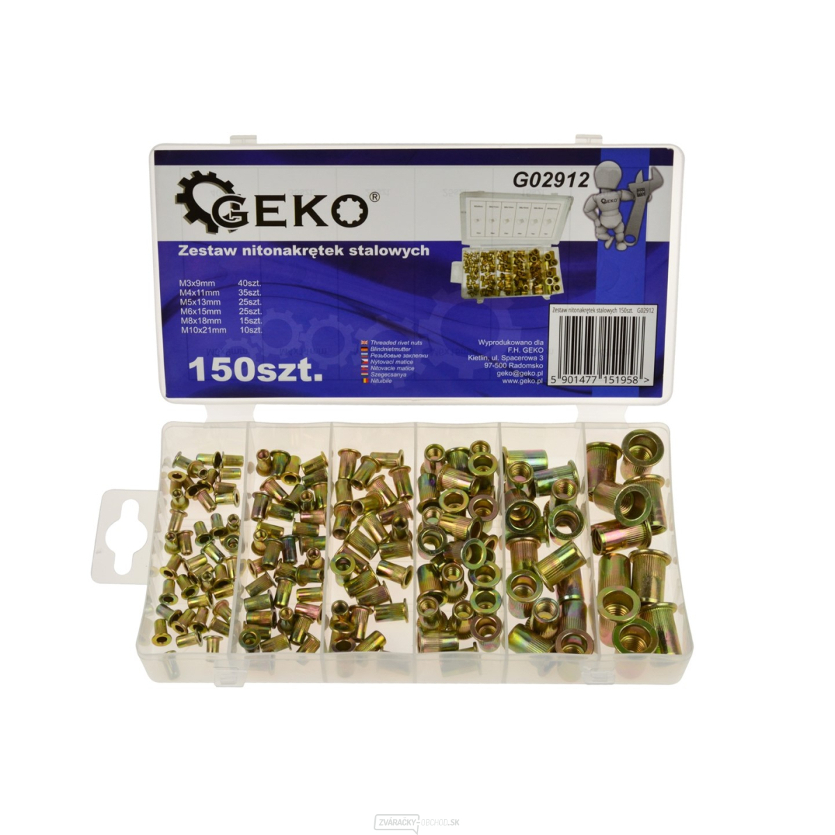 Súprava oceľových nitovacích matíc GEKO 150 ks