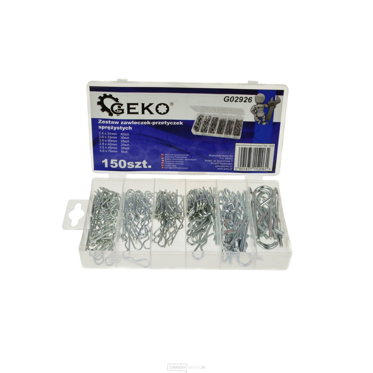 Pružinové závlačky, sada 150 ks, 6 rozmerov GEKO