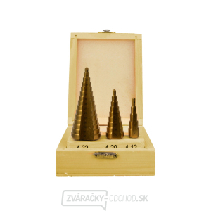 Vrtáky stupňovté GEKO, sada 3ks, 4-12mm, 4-20mm, 4-32mm, drevená kazeta, TiN Vrtáky stupňovté GEKO, sada 3ks, 4-12mm, 4-20mm, 4-32mm, drevená kazeta, TiN gallery main image