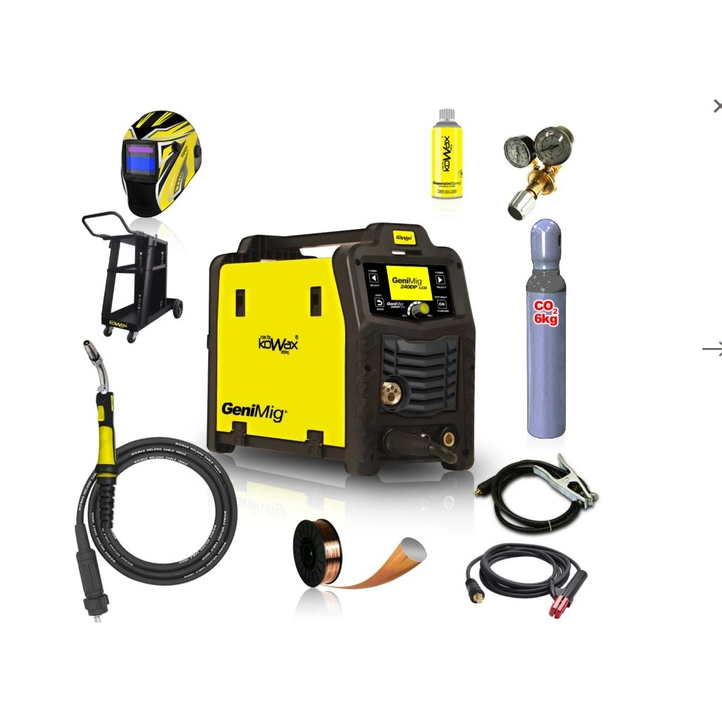 KOWAX GeniMig®240DP LCD + Horák + Kukla + Ventil + Podvozok + Plná Co2 Fľaša + Sprej + 5kg drôt + Káble