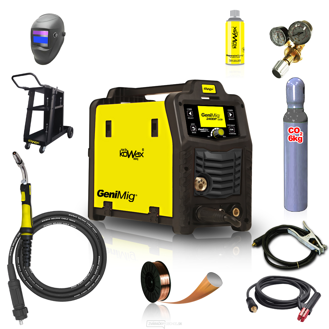 KOWAX GeniMig®240DP LCD + Horák + Kukla + Ventil + Podvozok + plná Co2 Fľaša + Sprej + 5kg Drôt + Káble 