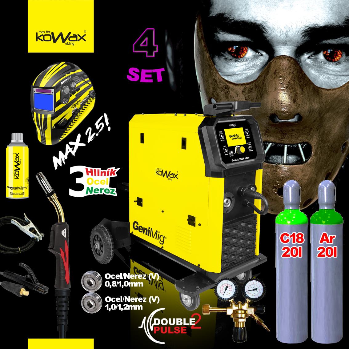 KOWAX GeniMig®350DP LCD5 SET 4 + plná Co2 Fľaša + plná Argon Fľaša + Ventil + Sprej + Horák + Káble