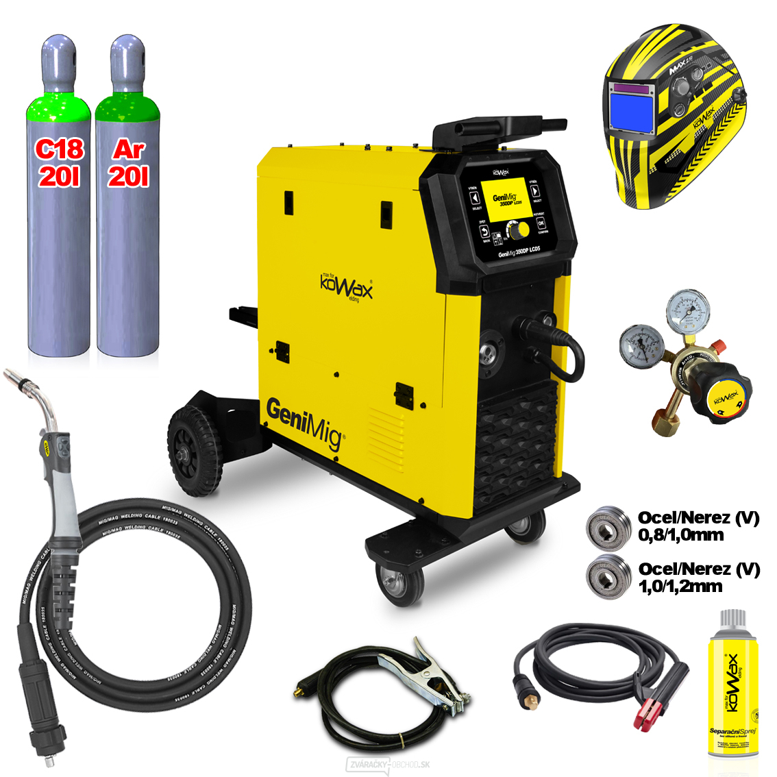 KOWAX GeniMig®350DP LCD5 + plná Argon Fľaša + Co2 Fľaša + Ventil + Sprej + Horák + Káble