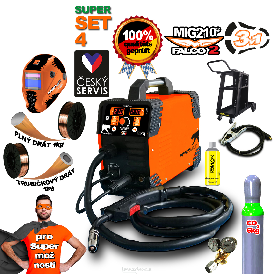 PANTERMAX MIG210FALCO 2 invertorová zváračka MIG/MMA + Kukla + Káble 2m + Horák + Podvozok + Red. Ventil + Co2 fľaša