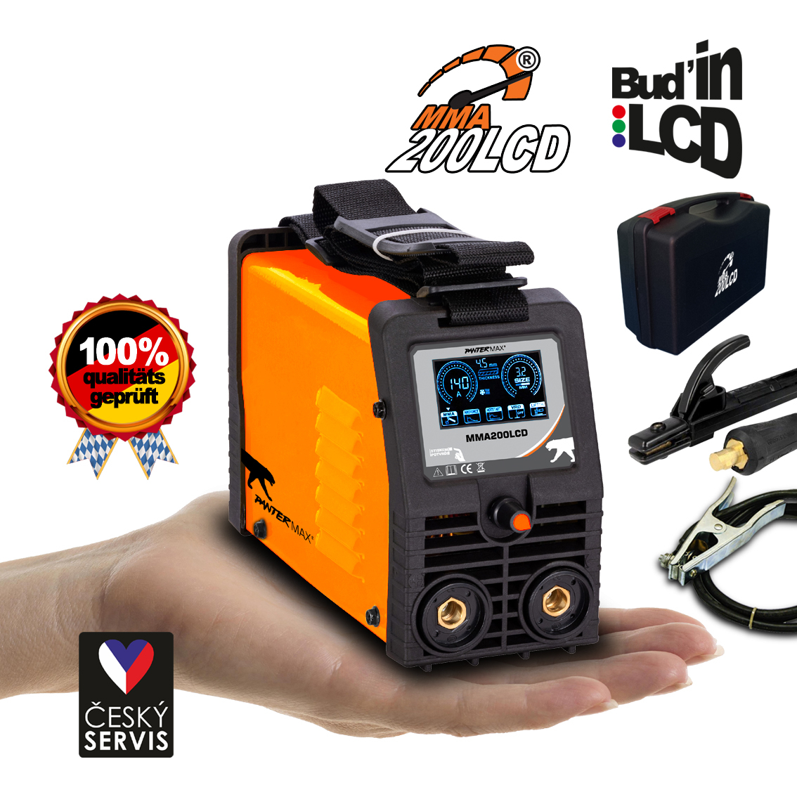 PANTERMAX MMA200LCD invertorová zváračka MMA/TIG + Káble 2m + Plastový Kufor