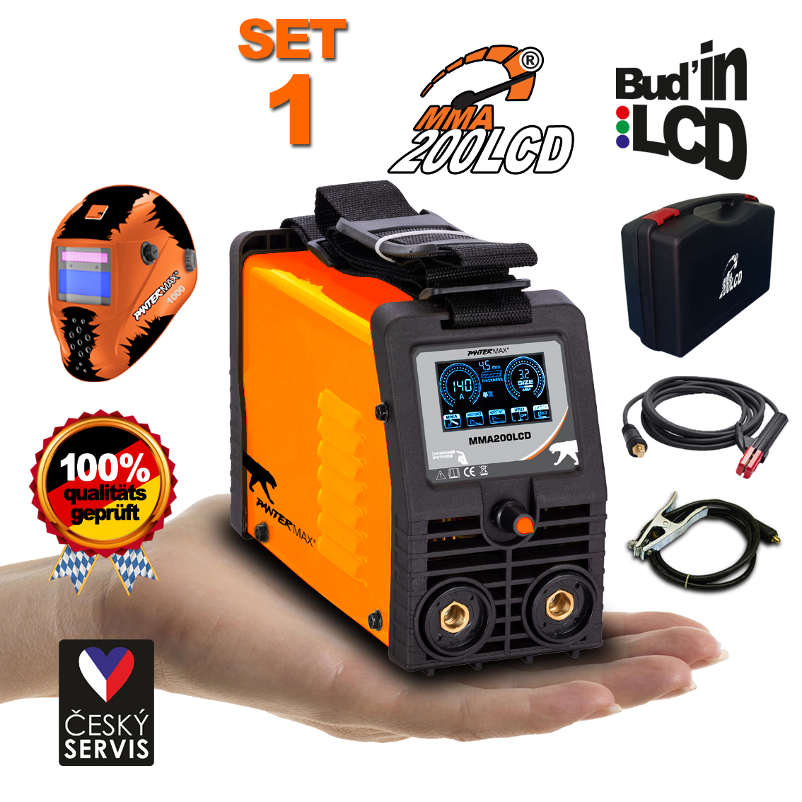 PANTERMAX MMA200LCD invertorová zváračka MMA/TIG + Káble 2m + Kukla + Plastový Kufor