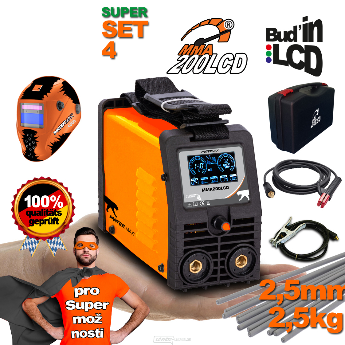 PANTERMAX MMA200LCD invertorová zváračka MMA/TIG + Káble 2m + Kukla + Plastový Kufor + Elektródy 2.5kg