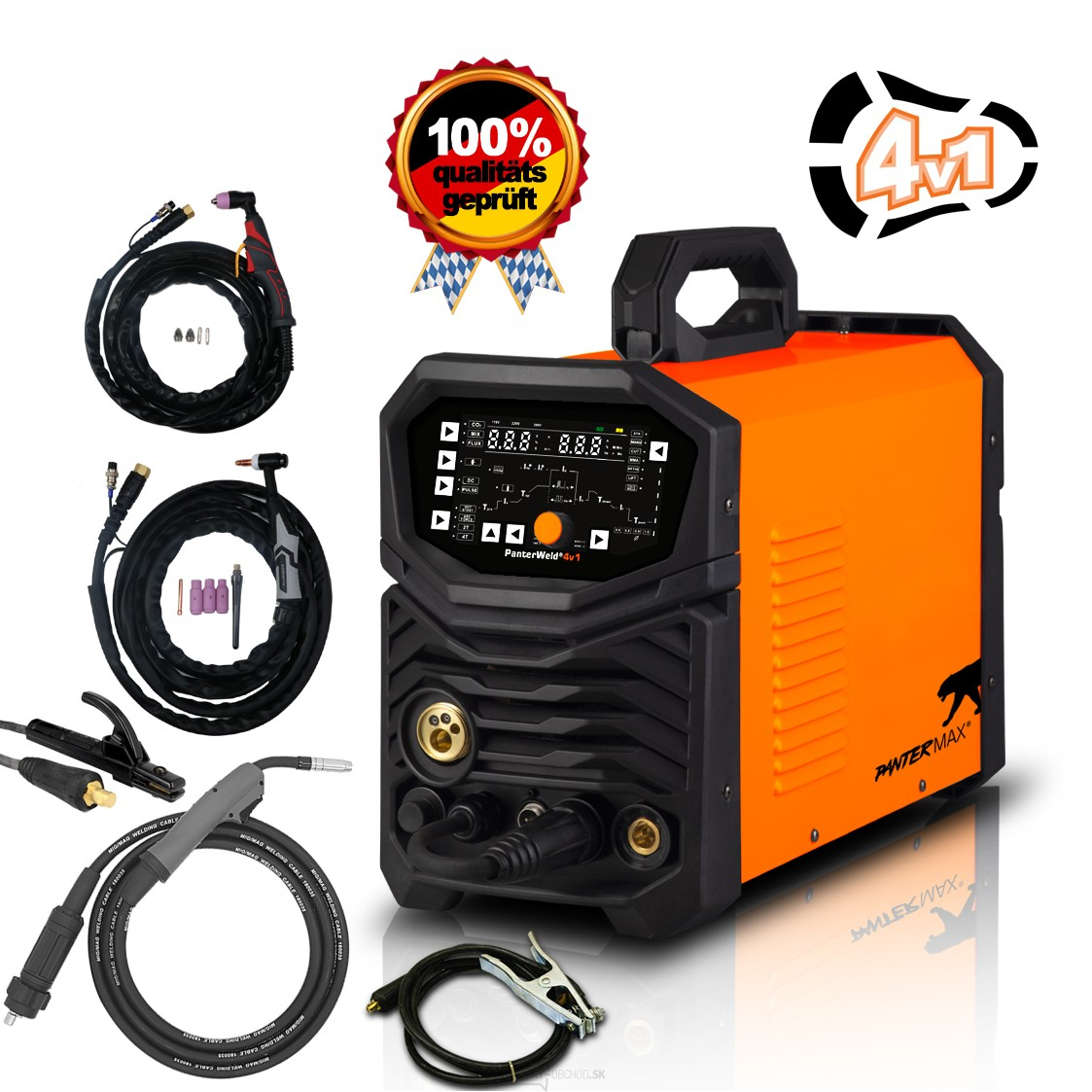 PANTERMAX PanterWeld®4v1 200 MULTIFUNKČNÁ invertorová zváračka MIG/TIG/MMA/PLAZMA + Káble + Horáky + Elektróda + Red. Ventil