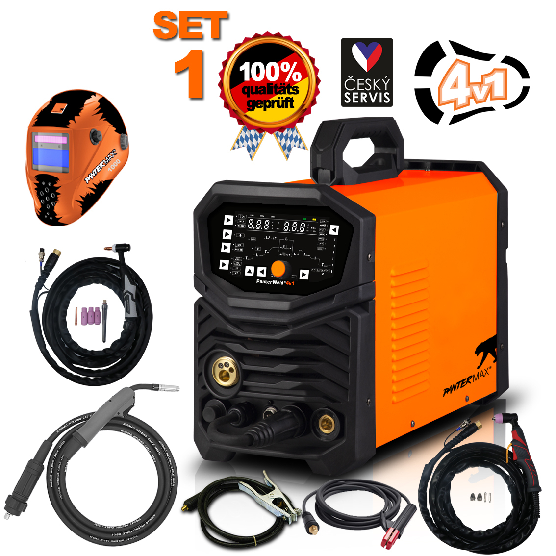 PANTERMAX PanterWeld®4v1 200 MULTIFUNKČNÁ invertorová zváračka MIG/TIG/MMA/PLAZMA + Kukla + Horáky + Káble + Elektróda + Red. Ventil
