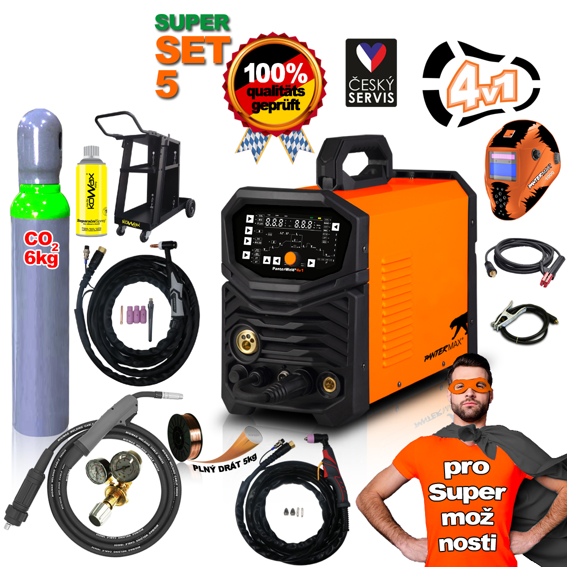 PANTERMAX PanterWeld®4v1 200 MULTIFUNKČNÁ invertorová zváračka MIG/TIG/MMA/PLAZMA + Kukla + Red Ventil + Drôt 5kg