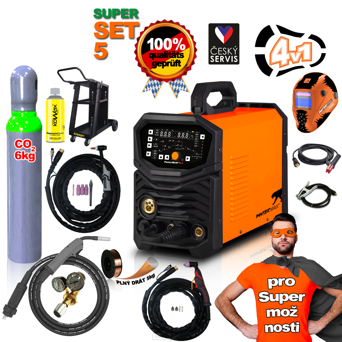 PANTERMAX PanterWeld®4v1 200 MULTIFUNKČNÁ invertorová zváračka MIG/TIG/MMA/PLAZMA + Kukla + Red Ventil + Drôt 5kg