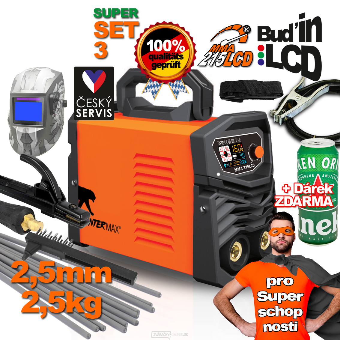 PANTERMAX MMA215LCD invertorová zváračka MMA/TIG + Kukla + Káble + Kefa + Popruh + Elektródy 2.5kg + Darček