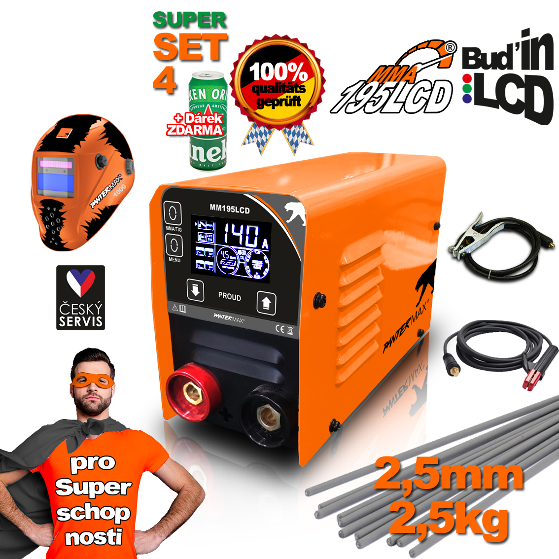 PANTERMAX MMA195LCD invertorová zváračka MMA/TIG + Káble 1.5m + Kukla + Kefa + Elektródy 2,5kg
