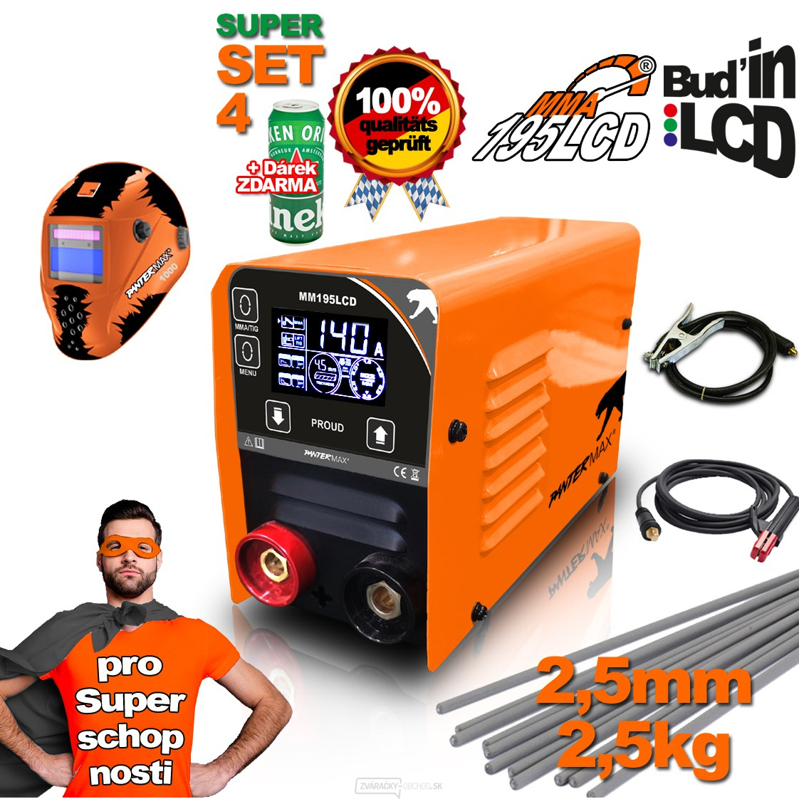 PANTERMAX MMA195LCD invertorová zváračka MMA/TIG + Káble 1.5m + Kukla + Kefa + Elektródy 2,5kg