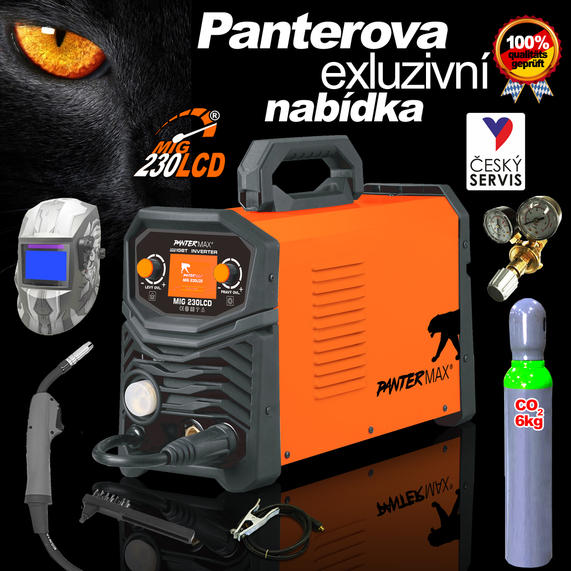 PANTERMAX MIG230LCD invertorová zváračka MIG/TIG/MMA + Kukla + Red. Ventil + plná Co2 Fľaša + Horák + Káble + Kefa
