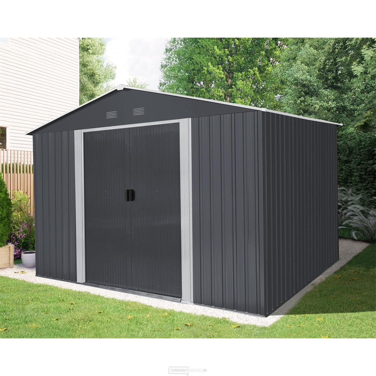 Riwall PRO RMSA 8x10 Anthracite záhradný domček kovový 3 x 2,4 m so sedlovou strechou antracit