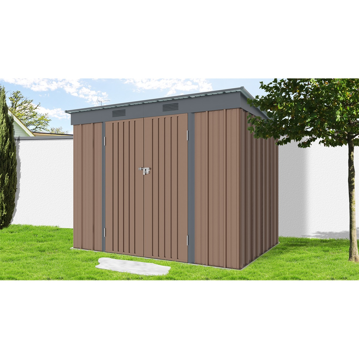 Riwall PRO RMSP 6x8 Brown záhradný domček kovový 2,4 x 1,8 ms pultovou strechou hnedý Náhľad