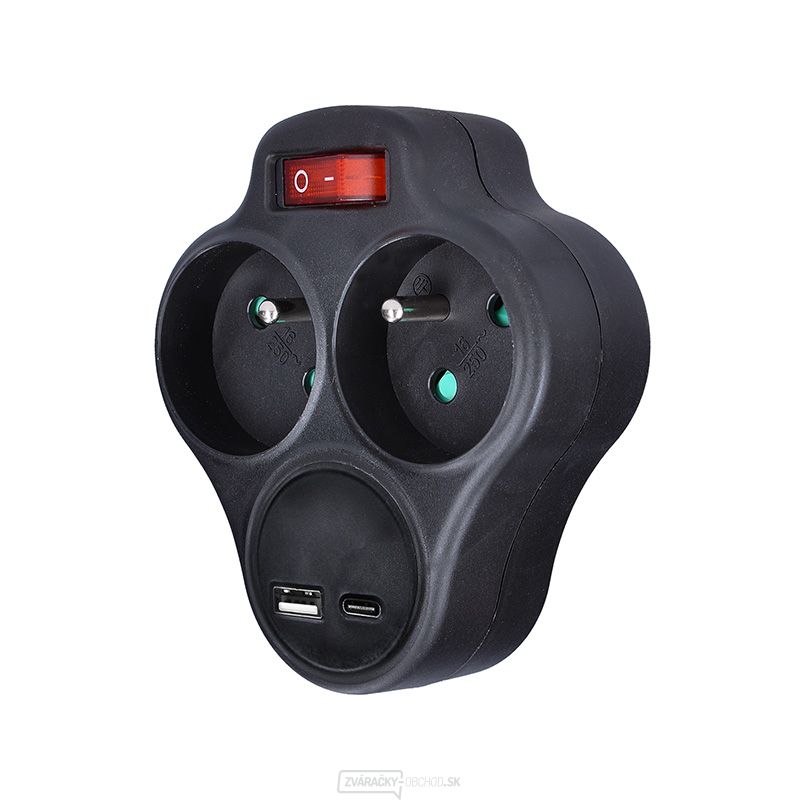 Solight rozbočka s USB A+C nabíjačkou, 2 x 10A, čierna, vypínač