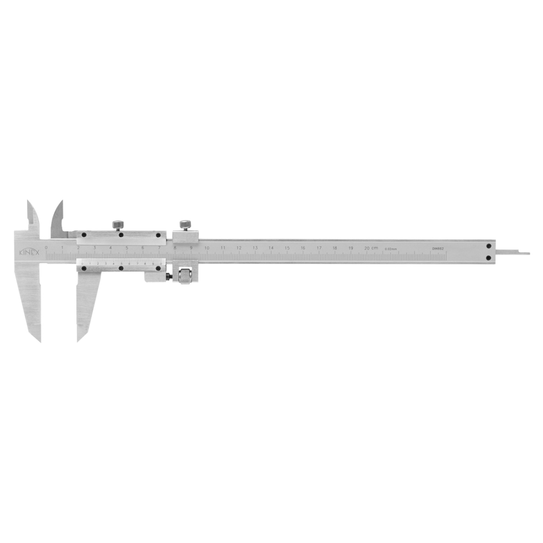 Posuvné meradlo KINEX 200 mm, 0,02 mm, jemné stavanie, aretácia skrutkou, ČSN 25 1238, DIN 862