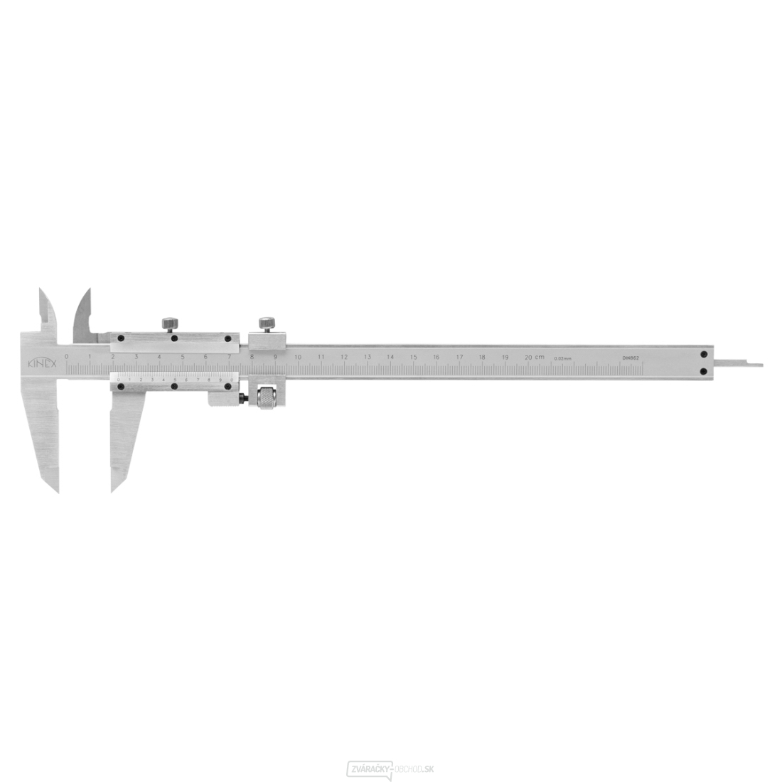 Posuvné meradlo KINEX 200 mm, 0,02 mm, jemné stavanie, aretácia skrutkou, ČSN 25 1238, DIN 862
