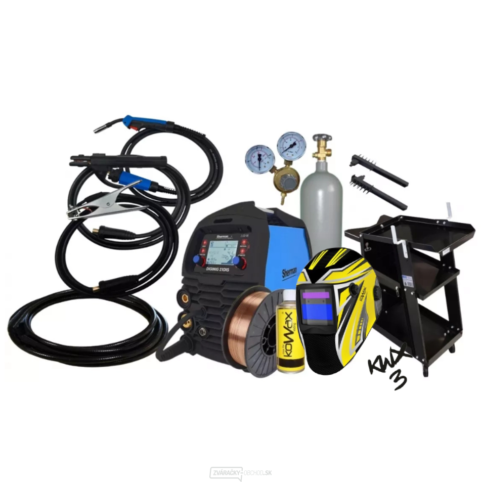 Sherman DIGIMIG 210XS + Horák 3m + Káble 2m + Drôt + Sprej + Kukla + Vozík + Ventil + plná Fľaša CO2
