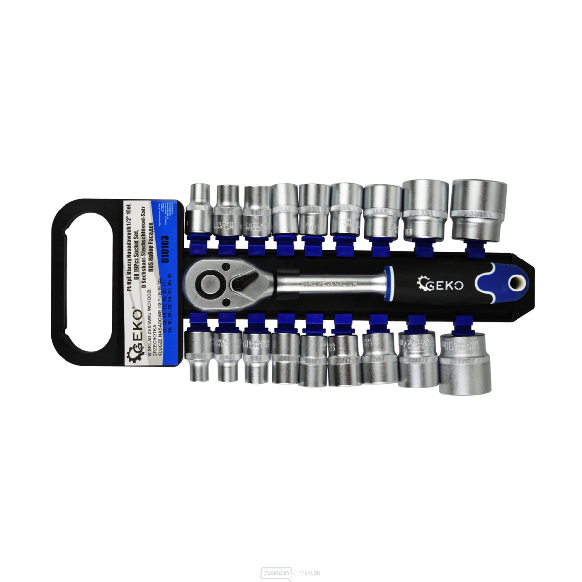 Hlavica nástrčné + račňa 1/2", sada 19ks, 8-32 mm, CRV oceľ, Geko G10103