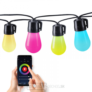 Solight LED smart vonkajšia reťaz s RGB žiarovkami, bluetooth, 15 žiaroviek, 14m+6m, 10W