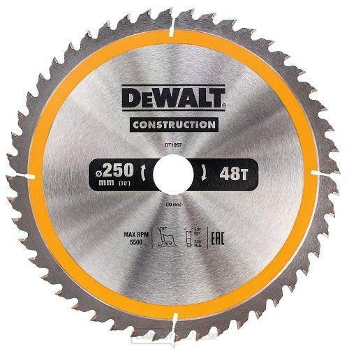 Pilový kotúč 250x30mm 48z ATB 10° DeWALT DT1957 Pilový kotúč 250x30mm 48z ATB 10° DeWALT DT1957 gallery main image