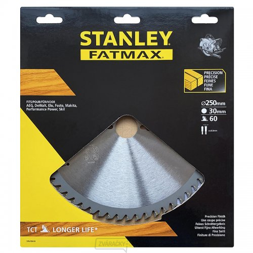 Pílový kotúč TCT/HM brúsiteľný na priečne rezy 250 x 30 mm, 60 zubov Stanley STA15610 Pílový kotúč TCT/HM brúsiteľný na priečne rezy 250 x 30 mm, 60 zubov Stanley STA15610 gallery main image