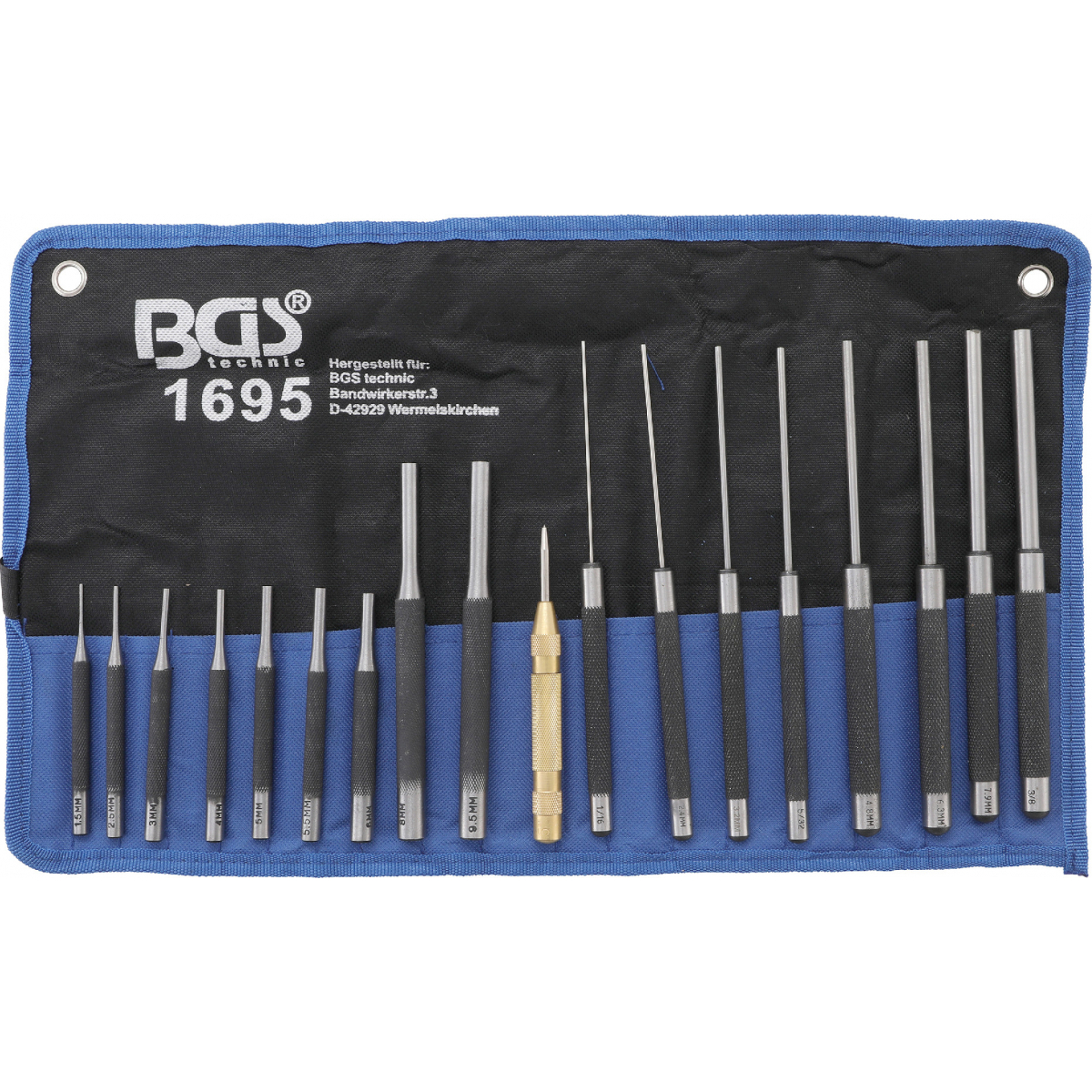 Súprava vyrážačov závlačiek | 100 – 150 – 200 mm | 1,5 - 9,5 mm | vrátane jamkára | 18dielna BGS 1695