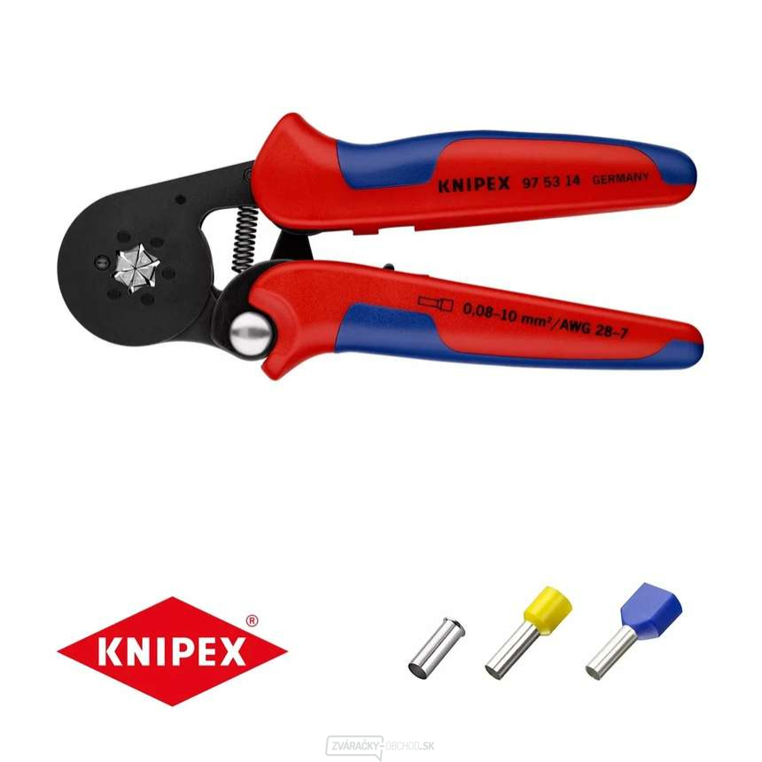 Samonastavovacie kliešte 180 mm KNIPEX 97 53 14 - na lisovanie káblových koncoviek. Pochrómované, plastové objímky