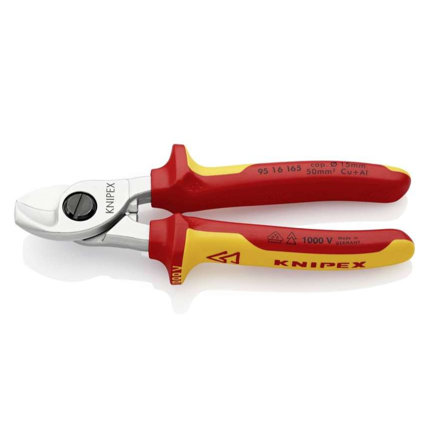Káblové nožnice 165 mm VDE. KNIPEX 95 16 165 - chrómované, viaczložkové objímky