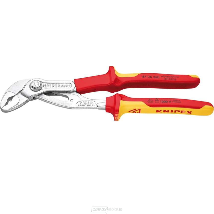 Inštalatérske kliešte VDE-Cobra 250 mm. KNIPEX 87 26 250 - 1000V. Chrómované, viaczložkové objímky