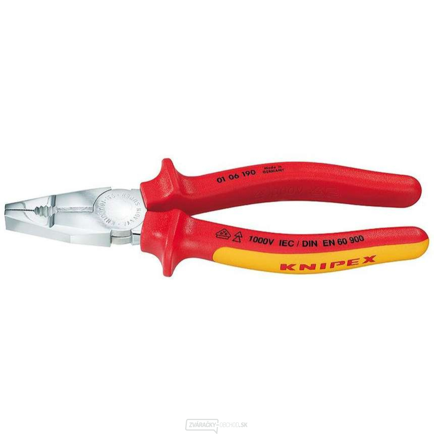 Kombinované kliešte 190 mm - 1000 V. KNIPEX 01 06 190 - chrómované, viaczložkové VDE objímky Kombinované kliešte 190 mm - 1000 V. KNIPEX 01 06 190 - chrómované, viaczložkové VDE objímky gallery main image