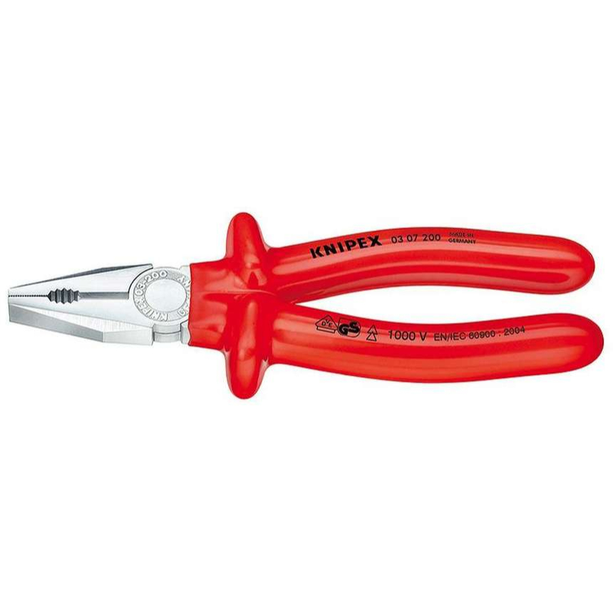 Kombinované kliešte 200 mm - 1000 V. KNIPEX 03 07 200. Chrómované, VDE - izolácia ponorením do kúpeľa
