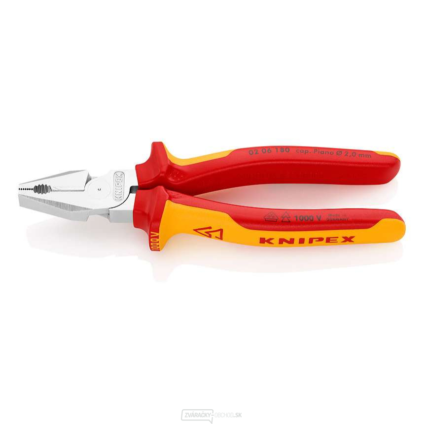 Silové kombinované kliešte 180 mm - VDE 1000V. KNIPEX 02 06 180 - chrómované, viaczložkové objímky Silové kombinované kliešte 180 mm - VDE 1000V. KNIPEX 02 06 180 - chrómované, viaczložkové objímky gallery main image