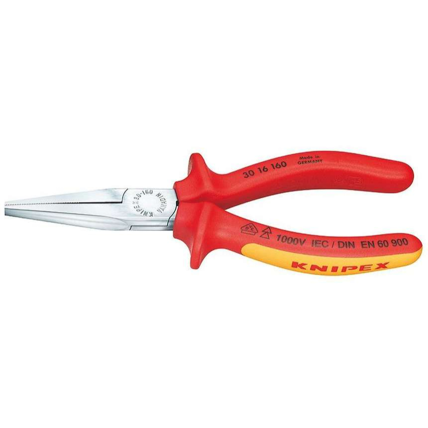 Ploché kliešte typu Langbeck (s predĺženými čeľusťami) 160 mm - 1000 V. KNIPEX 30 16 160 - chrómované, viackomponentné VDE objímky