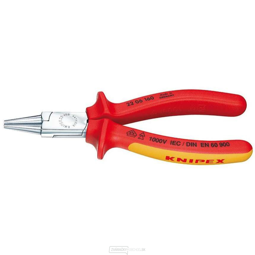 Kliešte s okrúhlymi čeľusťami 160 mm VDE (1000 V). KNIPEX 22 06 160 - chrómované, viaczložkové puzdrá Kliešte s okrúhlymi čeľusťami 160 mm VDE (1000 V). KNIPEX 22 06 160 - chrómované, viaczložkové puzdrá gallery main image