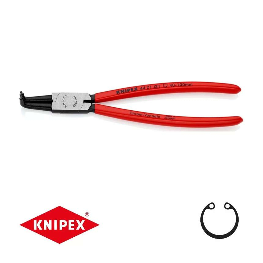 Kliešte na poistné krúžky 215 mm, vnútorne zahnuté. Knipex - 44 21 J31 - DIN 5256 D. Leštené, potiahnuté plastom